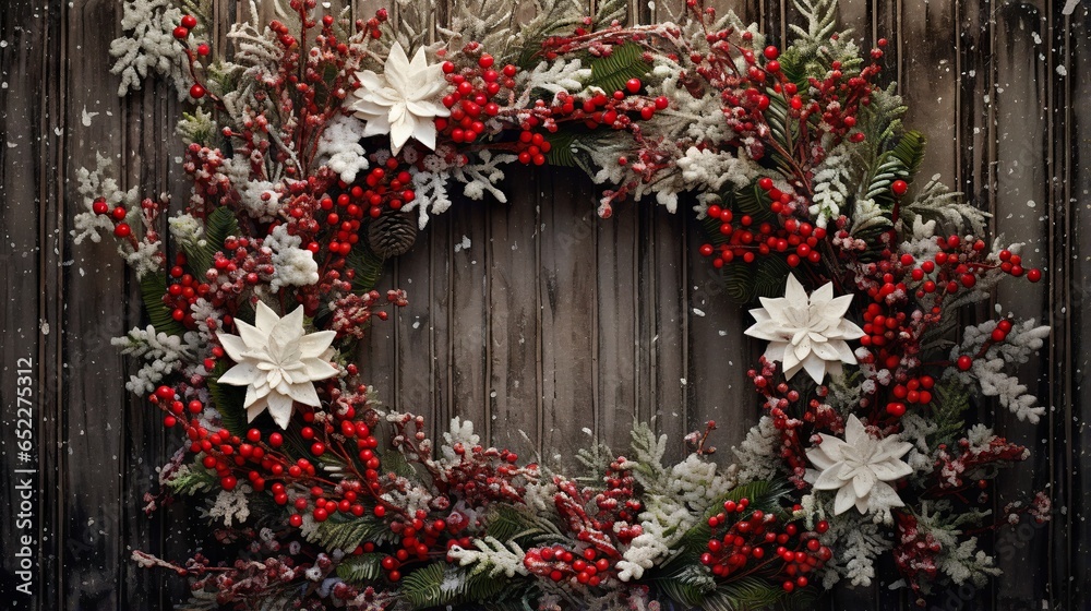 Fototapeta premium a wreath with red berries and white flowers on a wooden background. generative ai