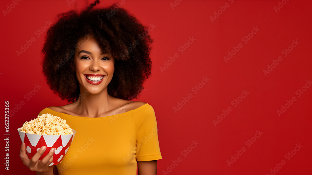 Girl with a bowl of popcorn on a red background, banner Girl with a bowl of popcorn on a red background, banner