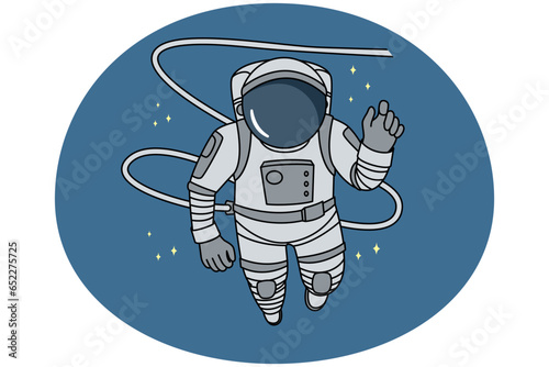 Astronaut in space costume flying in open universe. Cosmonaut in in spacesuit in cosmos. Astrology and science. Vector illustration.
