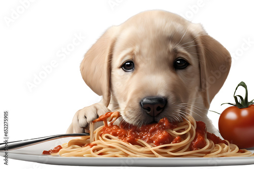 Labrador puppy eating Spaghetti with Tomato Sauce (PNG 9600x6400)
