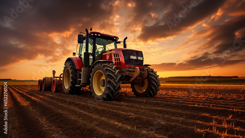 Red big tractor parked on the field in the sunset.