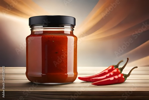 A jar of hot sauce on a table and peppers around. Created with generative Ai technology.