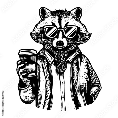 raccoon hipster with a cup of coffee funny sketch