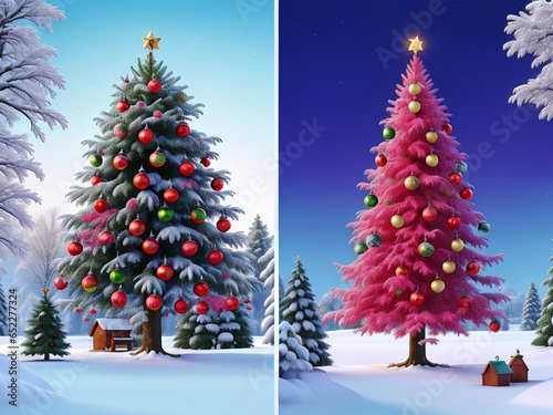 Vibrant and Festive Christmas Cards with Beautifully Decorated Trees Generative AI