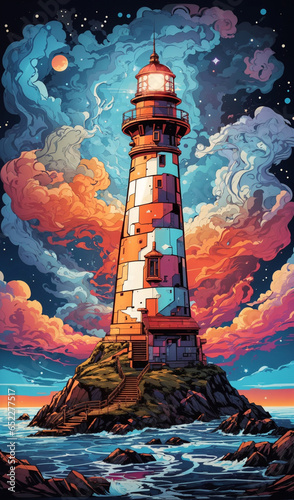 Illustration of a lighthouse in the middle of a sea of starry sky and colorful clouds 11