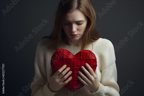 Mental health, Depression, Loss and disappointment, Concept of woman hugging a broken heart, Heartbroken, Hurt, Sad mood, Generative AI illustration