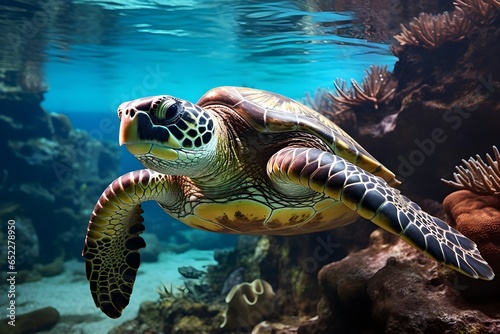 Sea Turtle Swimming in the clear sea ocean water HD with sunlight © Mockup Lab