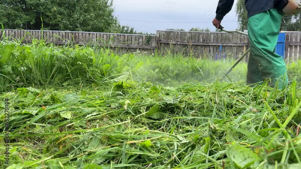 Video „Gardener mows weeds grass. Man cutting grass in yard by using ...