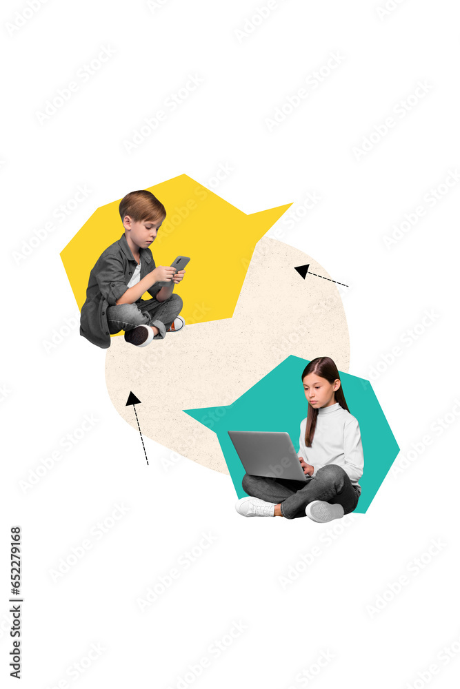 Creative drawing collage picture of little kids children communicate best friend online message smartphone laptop friendship brother sister Creative drawing collage picture of little kids children communicate best friend online message smartphone laptop friendship brother sister