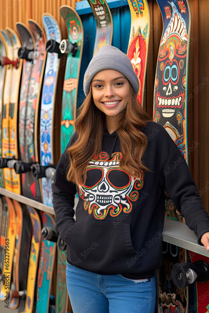 Fototapeta premium a photo of young american skate board lady, mexican pattern wall art