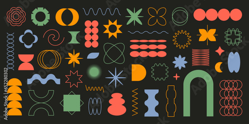 Vector set of abstract geometric shapes. Colorful brutal contemporary icons. Various geometric figures. Bauhaus memphis design.