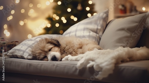 Wallpaper Mural Cute dog sleeping on sofa in room with Christmas tree and lights Torontodigital.ca