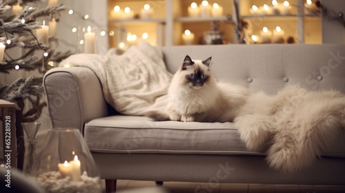 Cute Siamese cat sleeping on sofa in living room at christmas time