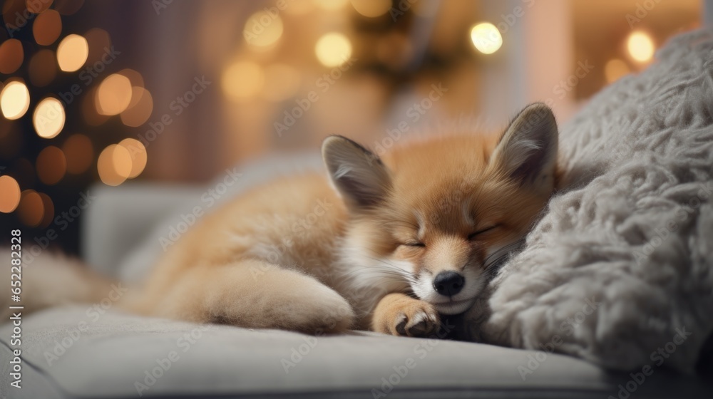 Cute little fox sleeping on sofa in room with Christmas tree and lights