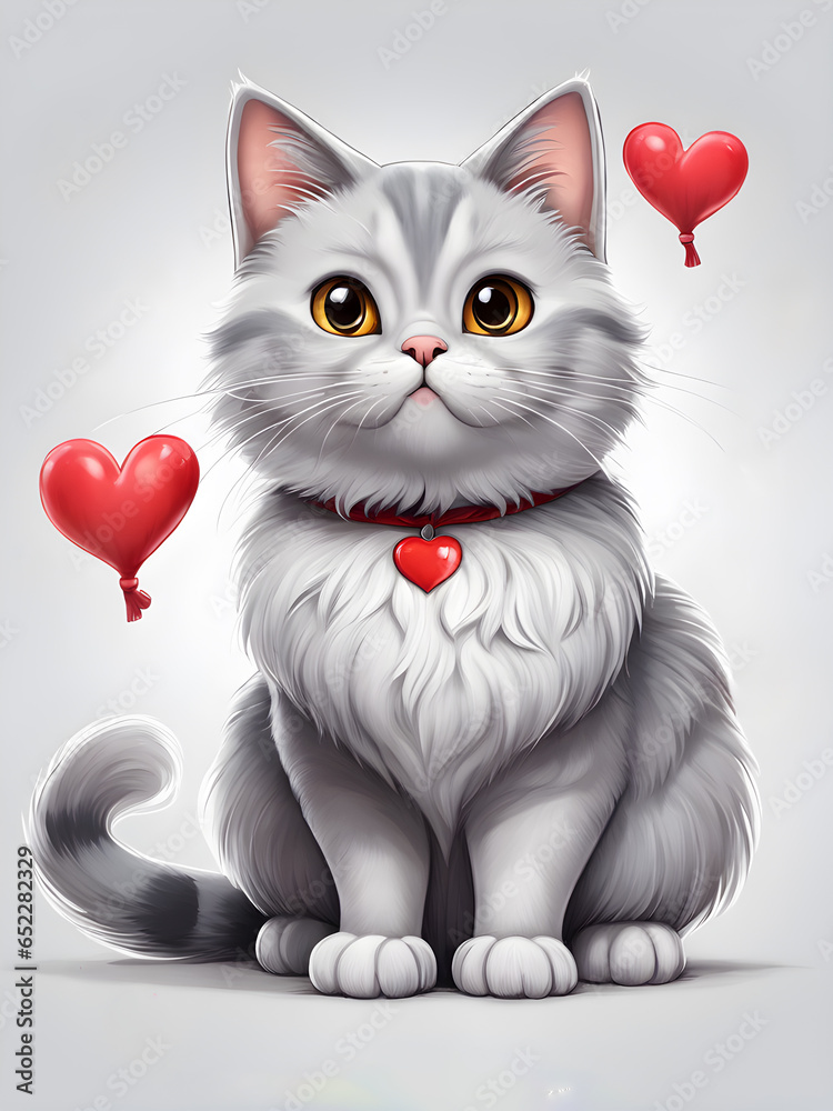 cute fluffy grey cat with red hearts on a gray background, love concept
