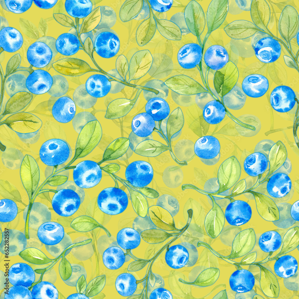 Seamless pattern with watercolor blueberries and leaves Seamless pattern with watercolor blueberries and leaves