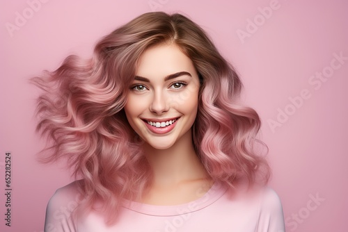 happy extraordinary girl hair product model isolated pink background  Generative AI