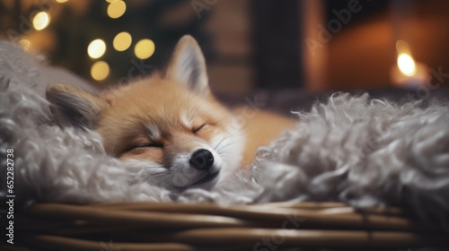 Cute little fox sleeping in basket near Christmas tree on blurred background © TheoTheWizard