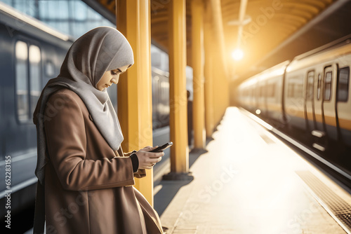 Asian Muslim hijab woman passenger standing at subway station using smartphone waiting for train to depart from railway station