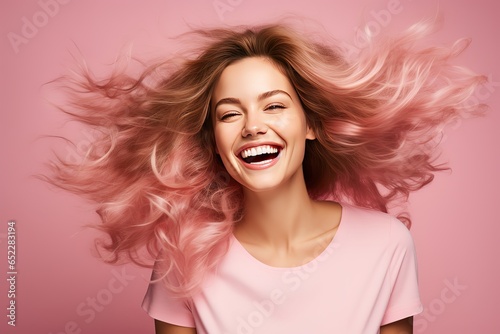 happy extraordinary girl hair product model isolated pink background, Generative AI
