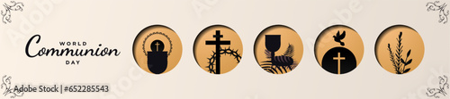 World Communion Day Banner with Communion and Religious icons. Sacramental bread symbols.  Celebrated October 1. Vector Illustration.