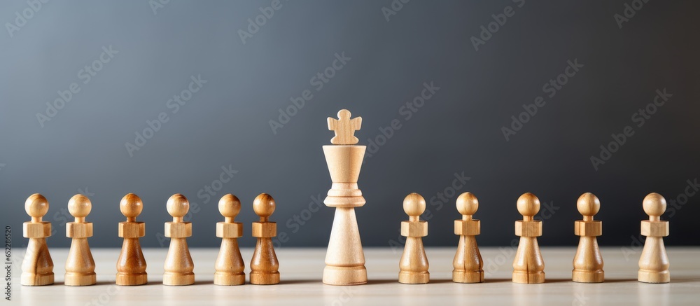Wooden figure leading a team with business icon on wood block arrows on white background Business strategy growth success process leadership concept Wooden figure leading a team with business icon on wood block arrows on white background Business strategy growth success process leadership concept