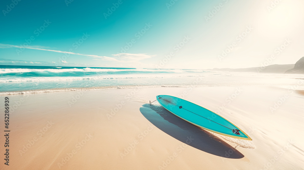 Blue Surfboard on a Clean Beach with Sunny Skies Blue Surfboard on a Clean Beach with Sunny Skies