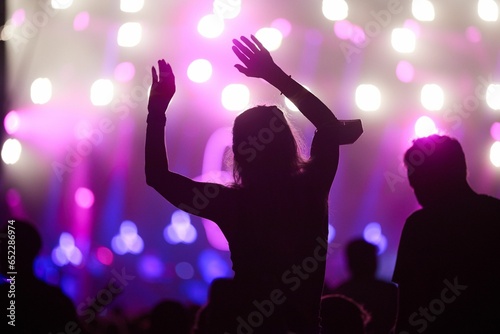 Silhouettes of people dancing during at a concert with the illuminated colorful stage on background