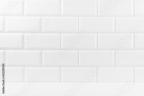 Soft light white abstract scene with white glossy ceramic rectangle tiles on wall, wood floor mockup. Abstract interior of bathroom, kitchen, spa salon or scene for presentation, show, design. © finepoints