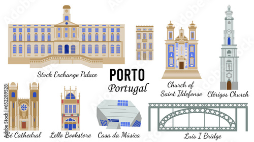 Sights of Porto Portugal  Stock Exchange Palace, Casa da Musica, Della Bookstore, Sé Cathedral, Clérigos Church, Church of Saint Ildefonso. Flat-style illustration for designing souvenir postcards. photo