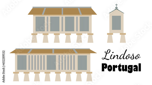 Lindoso granary in Peneda Gerês National Park, Portugal. Ancient barns raised above the ground to protect the grain from rodents. Flat-style illustration for souvenir postcards.