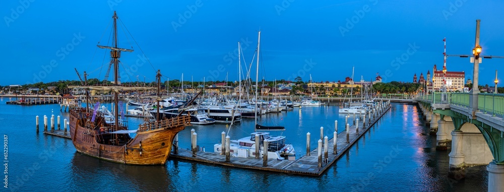 Panoramic shot of a port with moored ships and boats in St. Augustine, Florida