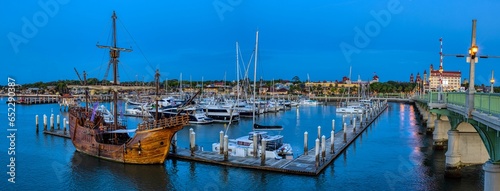 Panoramic shot of a port with moored ships and boats in St. Augustine, Florida