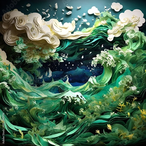 green sea made of paper with attractive colors and details 