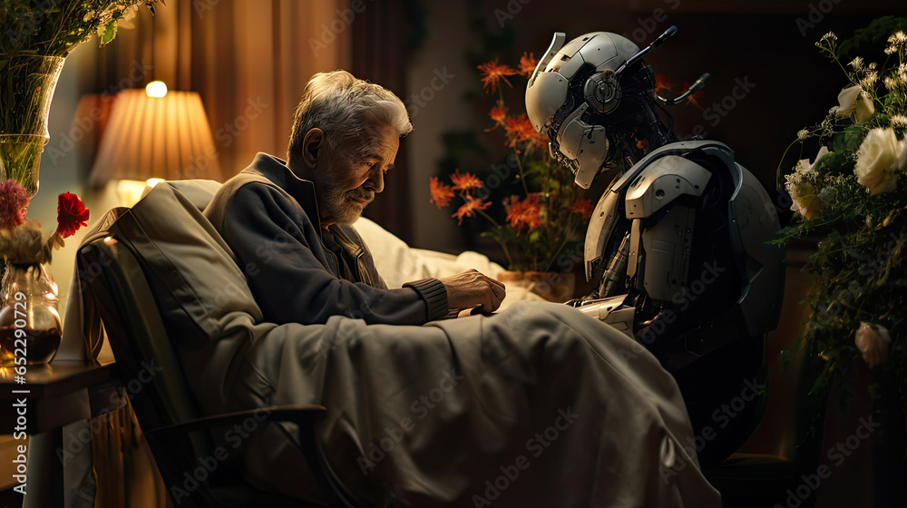 Portrait of an old man sitting in a chair with a robot. Human-robot relationships concept.