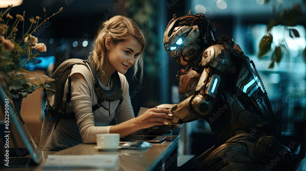 Beautiful young woman sitting at the table and working with a robot. Innovative techno.