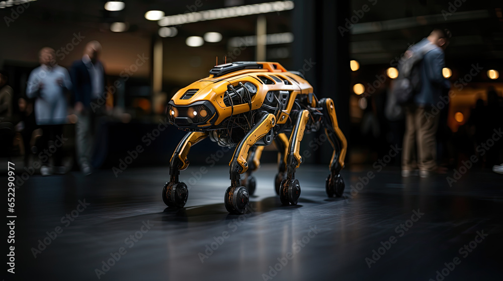 Exhibition of robots at the International Motor Show. Robotic cyber dog. - obrazy, fototapety, plakaty 
