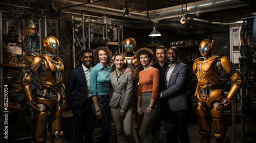 Group of happy young people standing in front of robots in a factory. Digital partner concept.