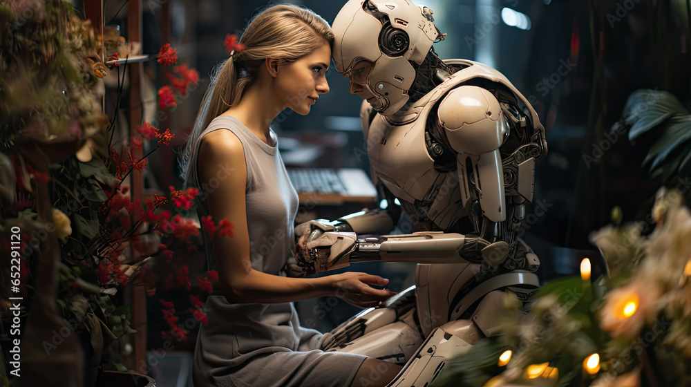 Beautiful young woman dating with a robot in a flower shop. Pair the personality data with algorithms technology combine, machine learning.