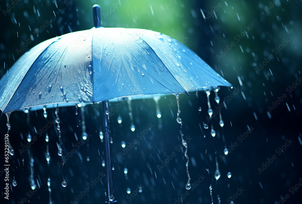 Umbrella under rainfall.Blue umbrella in the rain. Rainy day in rainy season.Rainy weather concept.