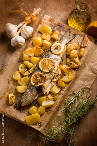 oven sea bass with potaoes lemon and rosemary photo