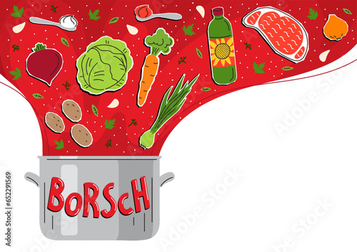 Borsch in pot. Ukrainian cuisine. Borscht recipe. Soup from the following ingredients:  beetroot, cabbage, meat, onion, potato, carrot, bay leaves, sunflower oil, tomato paste, dill, parsley.
