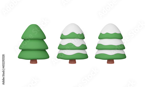 3d winter trees set. Christmas tree with snow. Green elements, isolated objects. Vector illustration in cartoon style. Icon render.