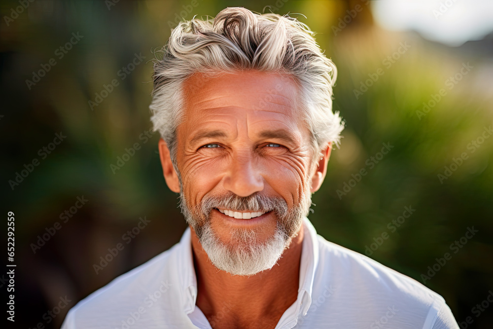  a closeup photo portrait of a handsome old mature man smiling with clean teeth. guy with fresh stylish hair and beard with strong jawline