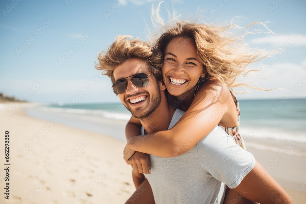 Beautiful young couple in sunglasses having fun on the beach. Man piggybacking his girlfriend. - obrazy, fototapety, plakaty 