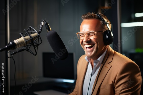 Portrait of happy mature male radio host in headphones speaking into microphone in studio. photo