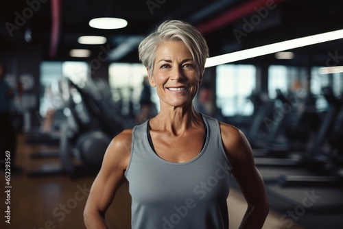Portrait of smiling senior woman standing in fitness studio with arms crossed