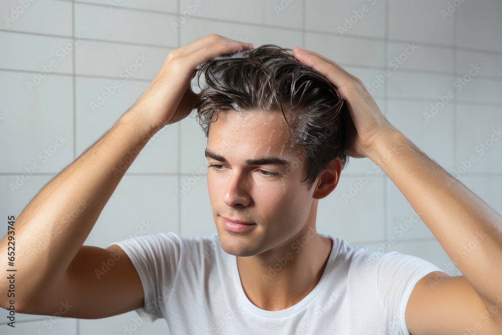 Portrait of handsome young man washing hair in shower, looking away Portrait of handsome young man washing hair in shower, looking away