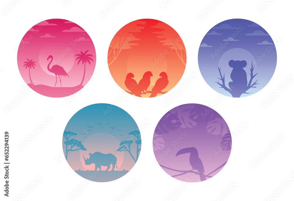 Circular gradient illustration collection with animal silhouette.