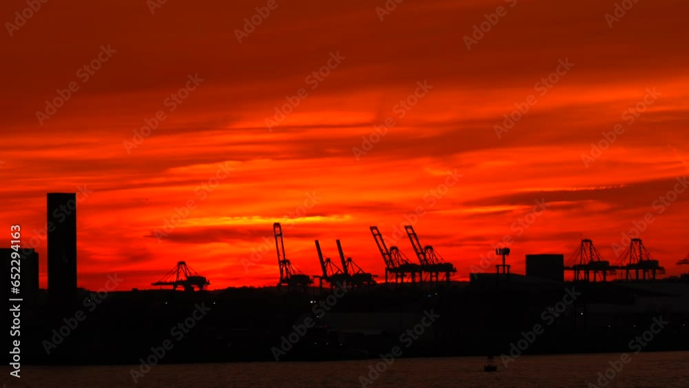 Shipping yard of New York, New Jersey and Staten Island. 4K video with the silhouettes of the cranes used to load cargo ship vessel. Sea transportation industry. Shipping yard of New York, New Jersey and Staten Island. 4K video with the silhouettes of the cranes used to load cargo ship vessel. Sea transportation industry.